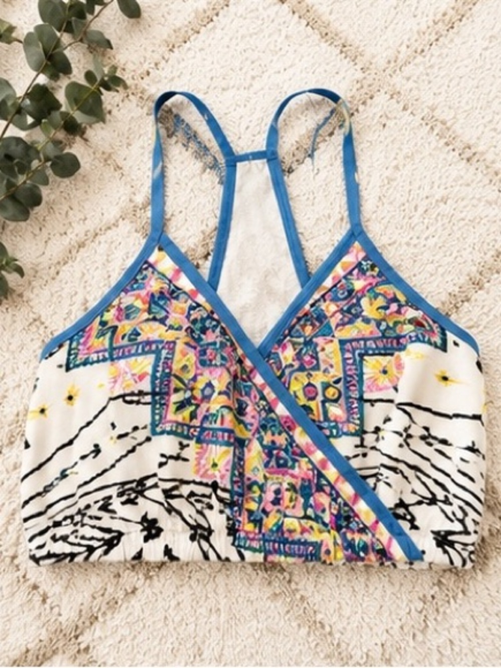 Flying Tomato Aztec Printed V-Neck Strappy Crop Top - Blue Trim